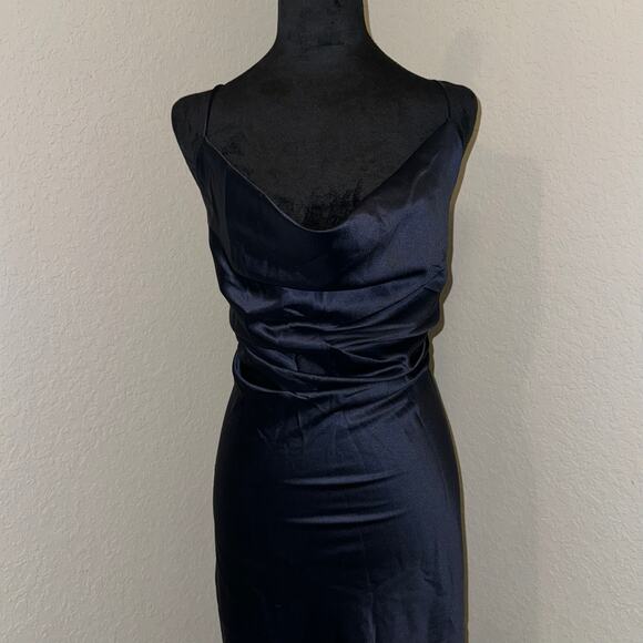 Princess Polly Dresses & Skirts - Princess Polly Navy Blue Dress Cowl Neck Women's Size US 12 Long Slit on Back